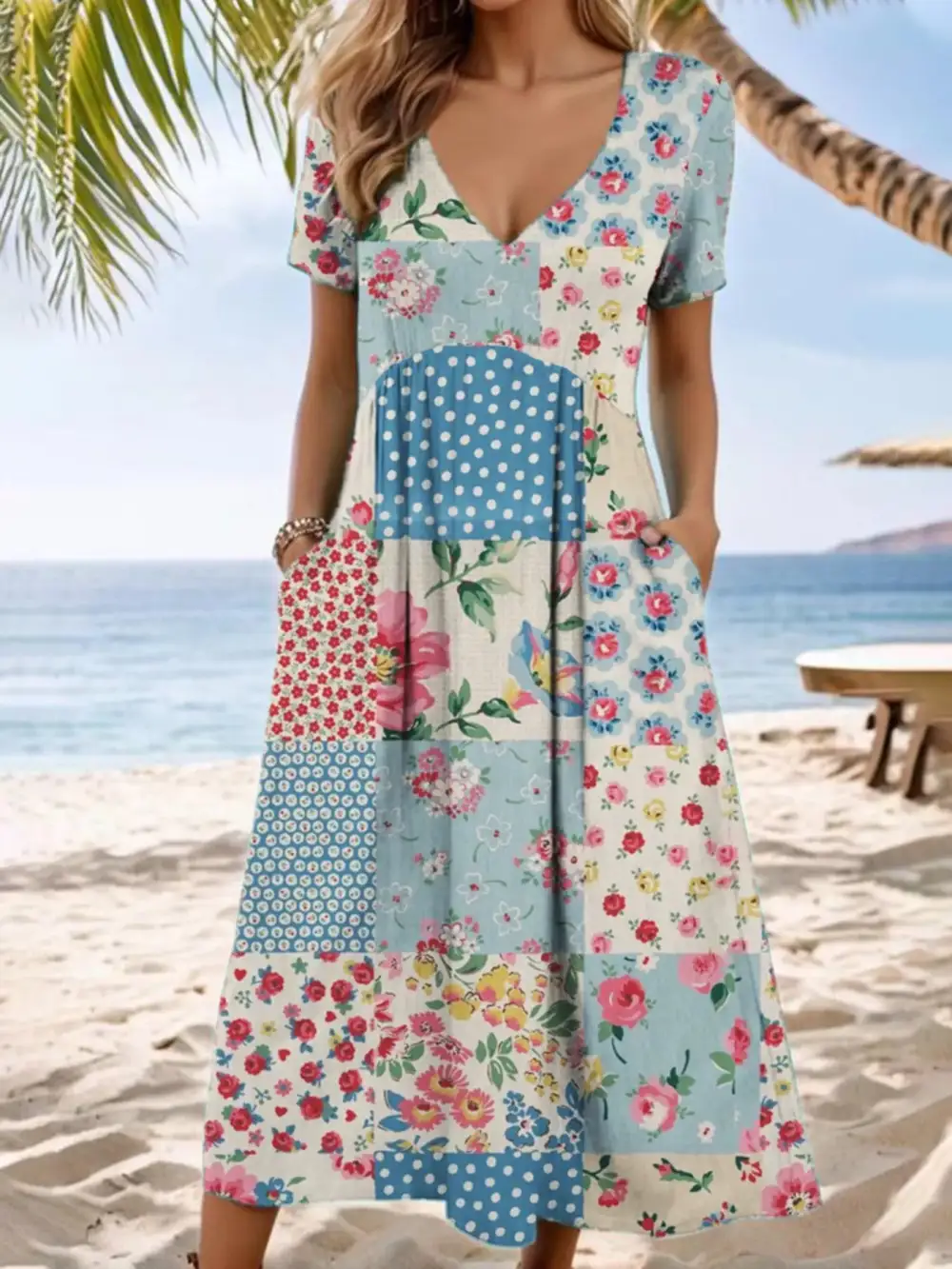 Full Size V-Neck Casual Midi Dress Plus Size