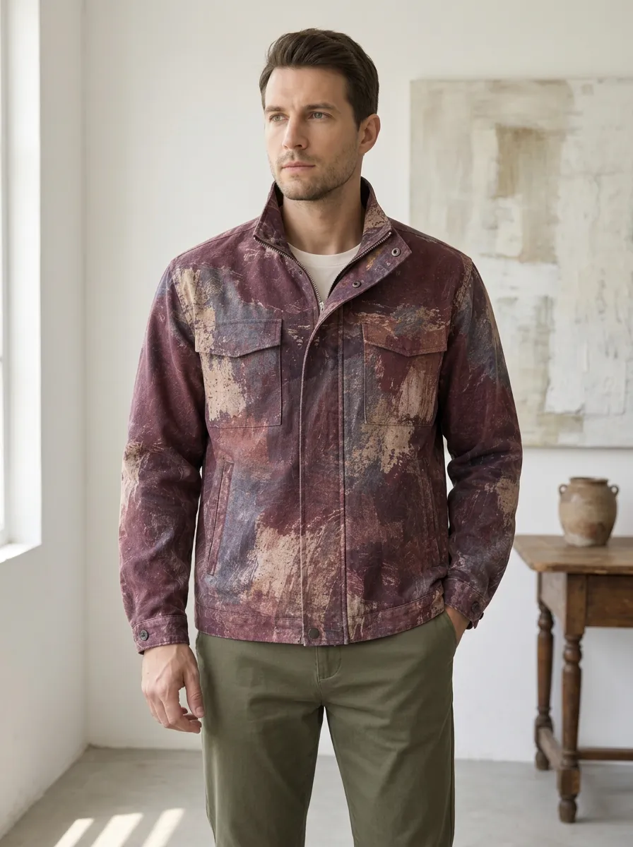 Men's Abstract Brushstroke Print Casual Zip-up Jacket