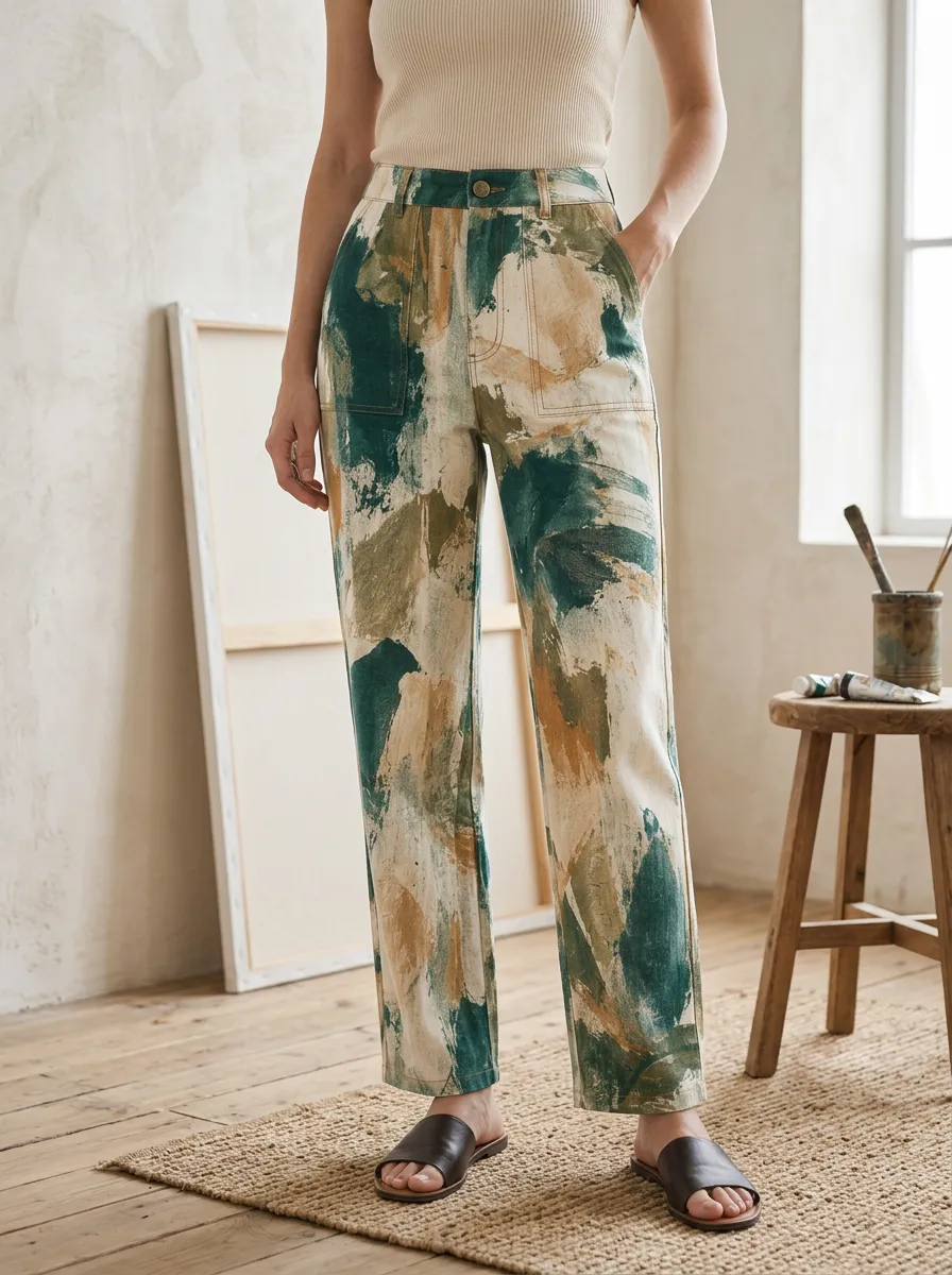 Women's Abstract Art Lover Green Brushstroke Printed Pants