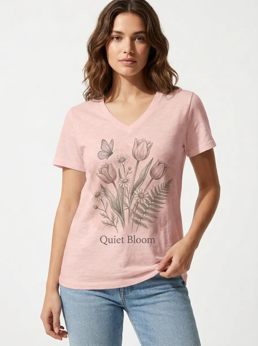 Women's Nature Lover Quiet Bloom Tulip Daisy Butterfly Printed V-neck T-shirt