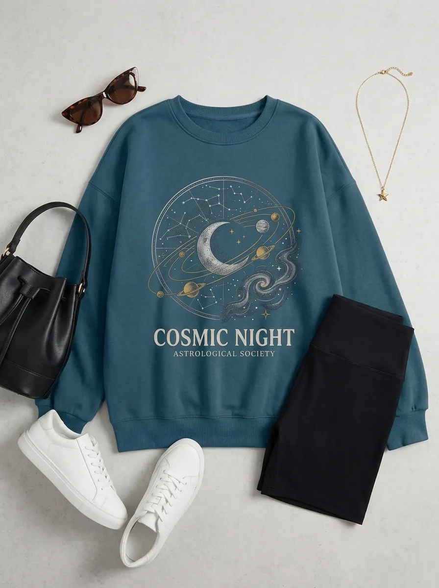 Women's Astrology Cosmic Night Moon Planet Printed T-shirt
