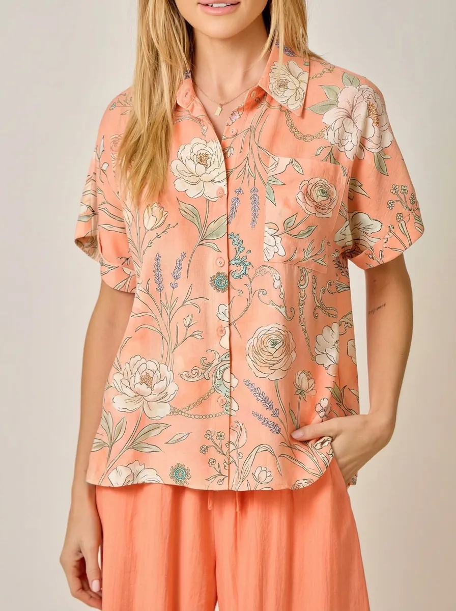Women's Floral Botanical Peach Printed Button-Down Shirt
