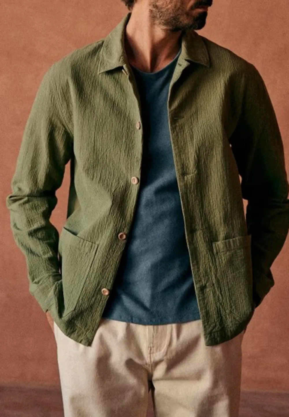 Green Cotton Textured Button Front Chore Jacket
