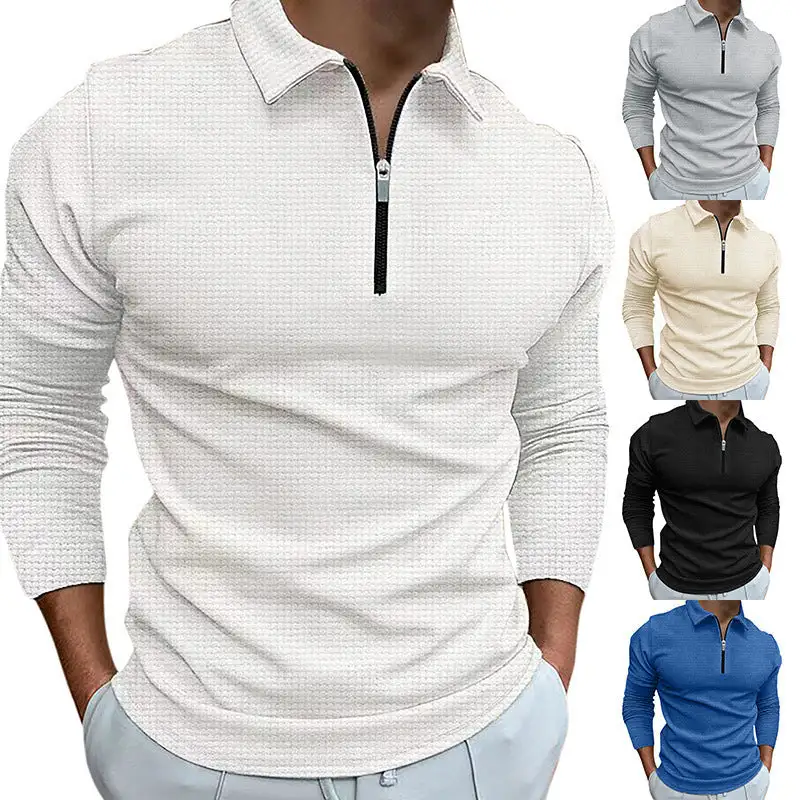 Waffle Texture Spread Collar Long Sleeve Polo Shirt