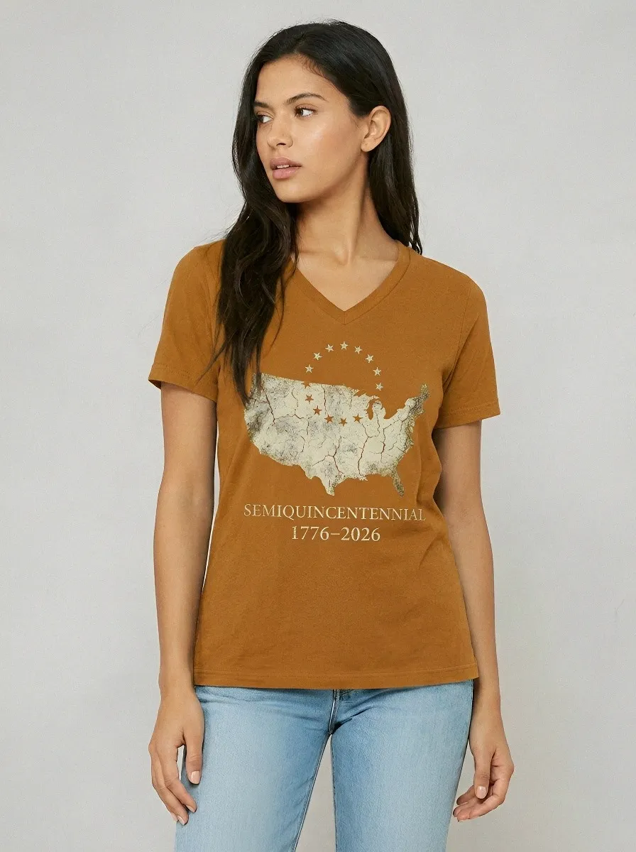 Women's USA Patriotic Semiquincentennial 1776-2026 Map Printed V-Neck T-Shirt