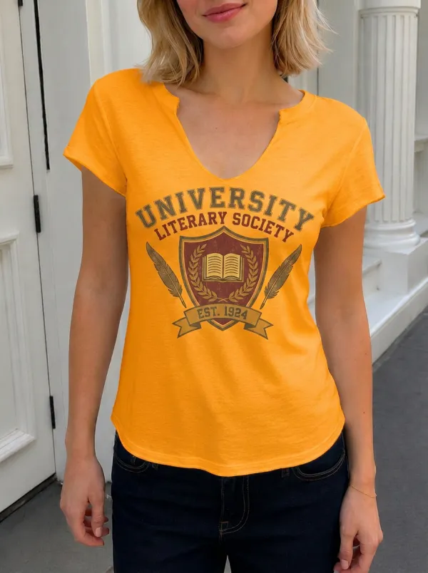 Women's University Literary Society Book Feather Printed V-Neck T-Shirt