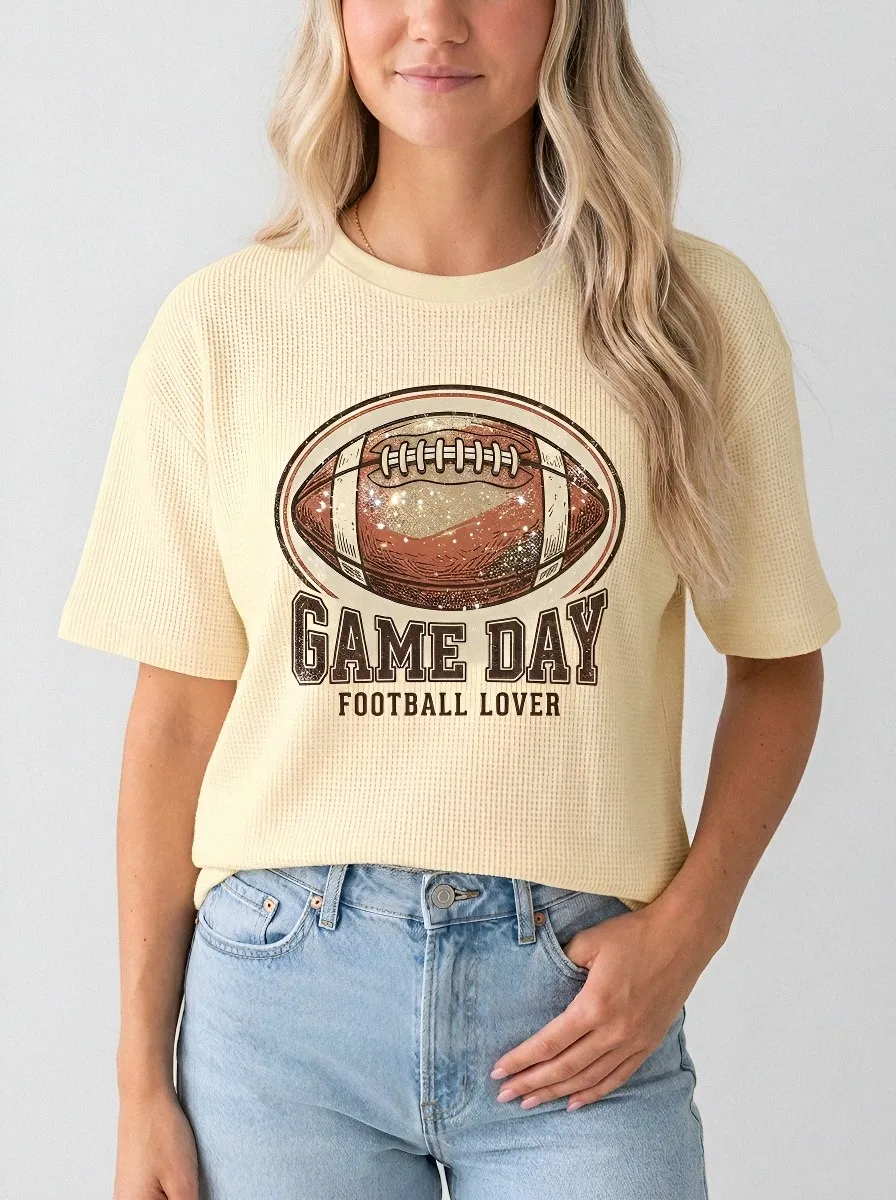 Women's Football Lover Game Day Vintage Ball Printed Waffle T-Shirt