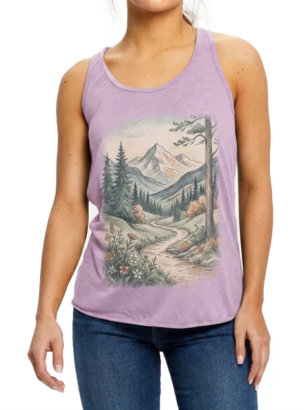 Women's Nature Lover Mountain Forest Path Printed Tank Top