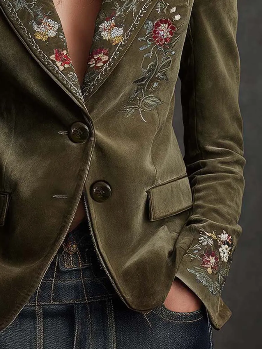 Olive Green Velvet Blazer With Intricate Floral Embroidery