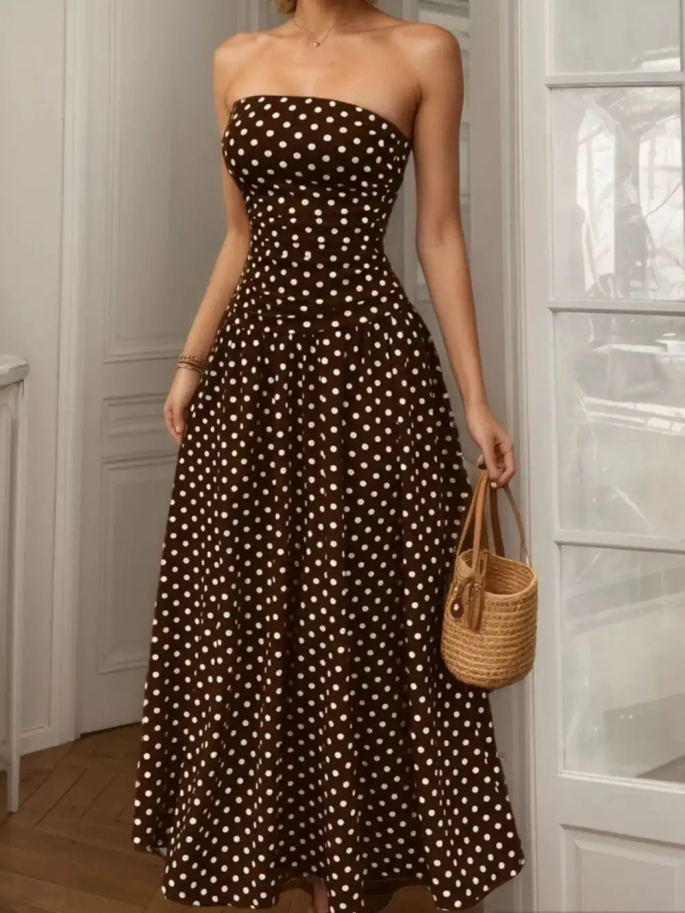 Strapless Polka-Dot Maxi Dress