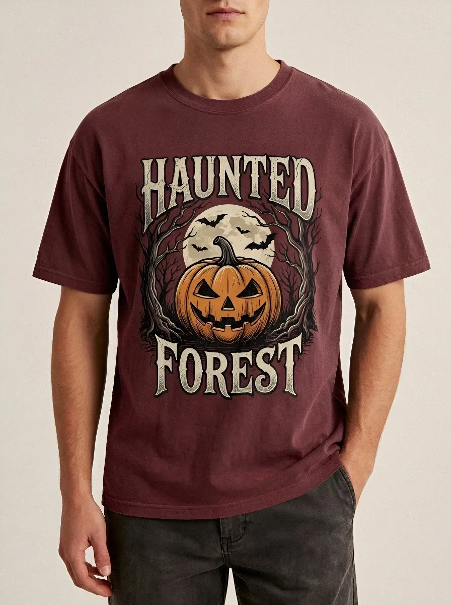 Men's Halloween Haunted Forest Pumpkin Bat Printed T-shirt