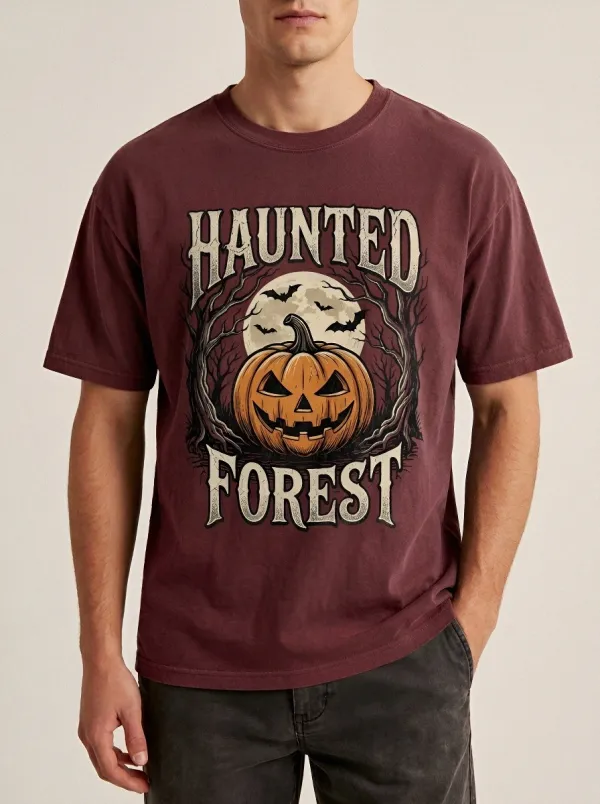 Men's Halloween Haunted Forest Pumpkin Bat Printed T-shirt