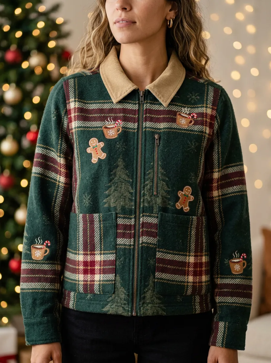 Christmas Gingerbread Man Cocoa Print Plaid Jacket