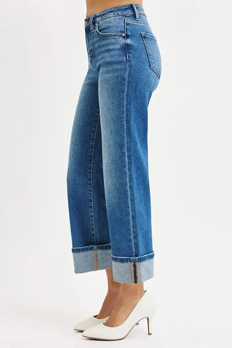 Denim Mid Rise Straight Leg Raw Hem Jeans