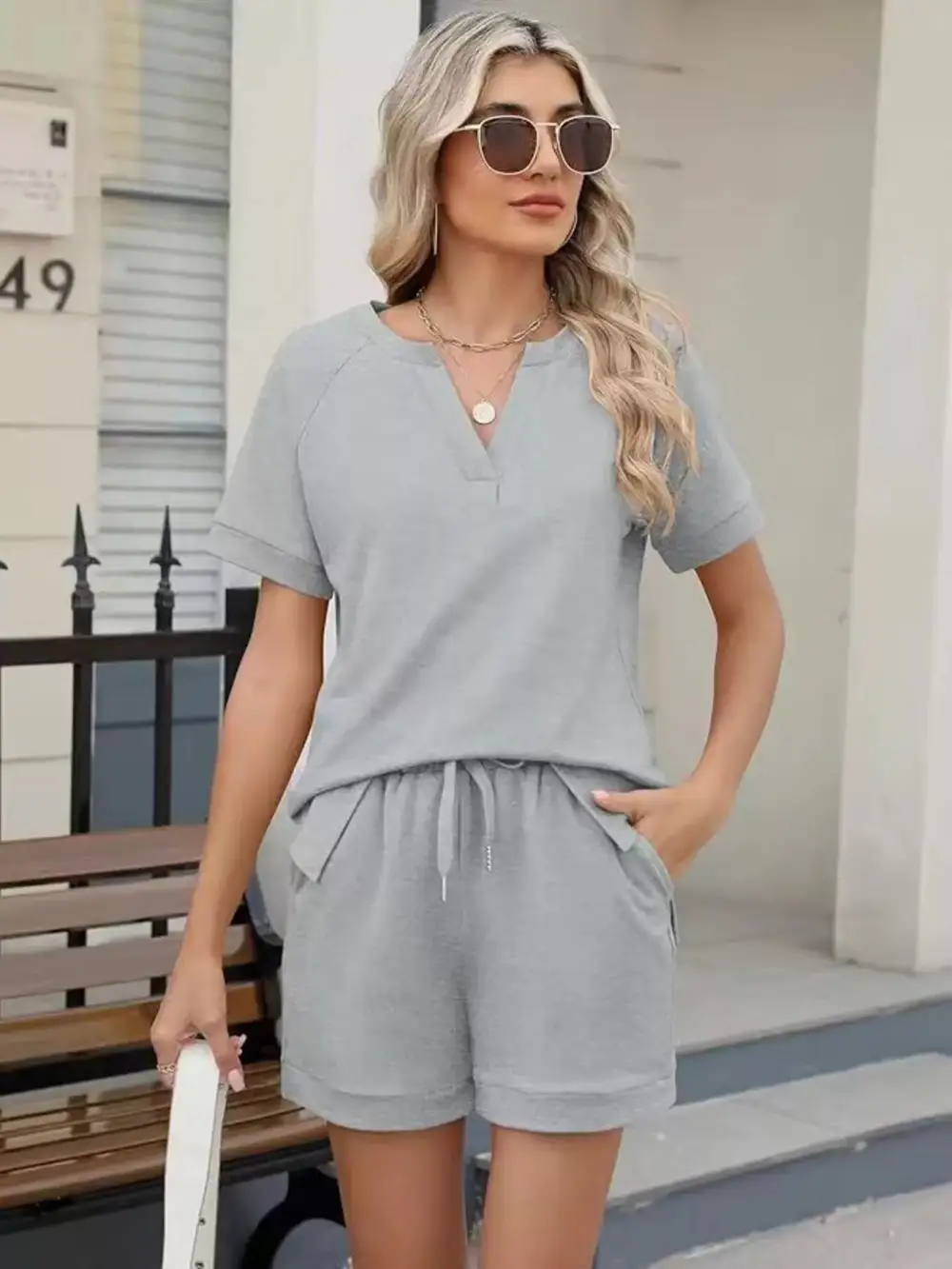Short Sleeve Top Shorts Two Piece Set