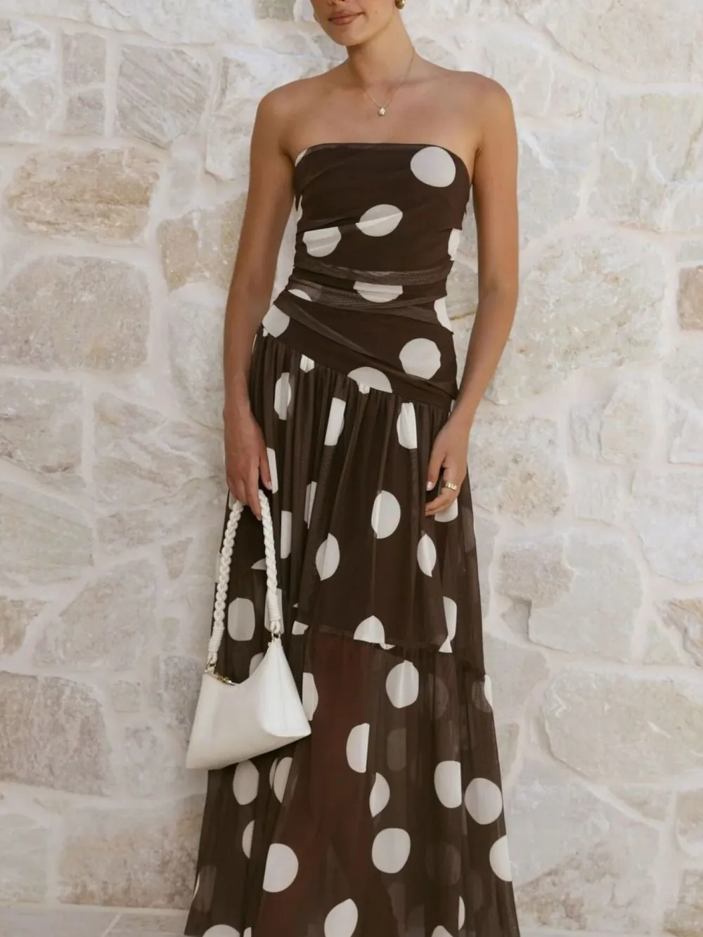 Ruched Strapless Polka-Dot Maxi Dress