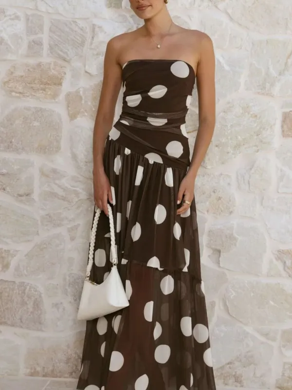Ruched Strapless Polka-Dot Maxi Dress