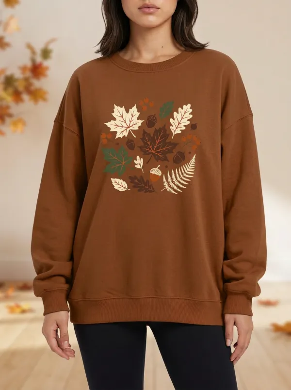 Textured Detail Maple-Leaf Printed Acorn Graphic Sweatshirt