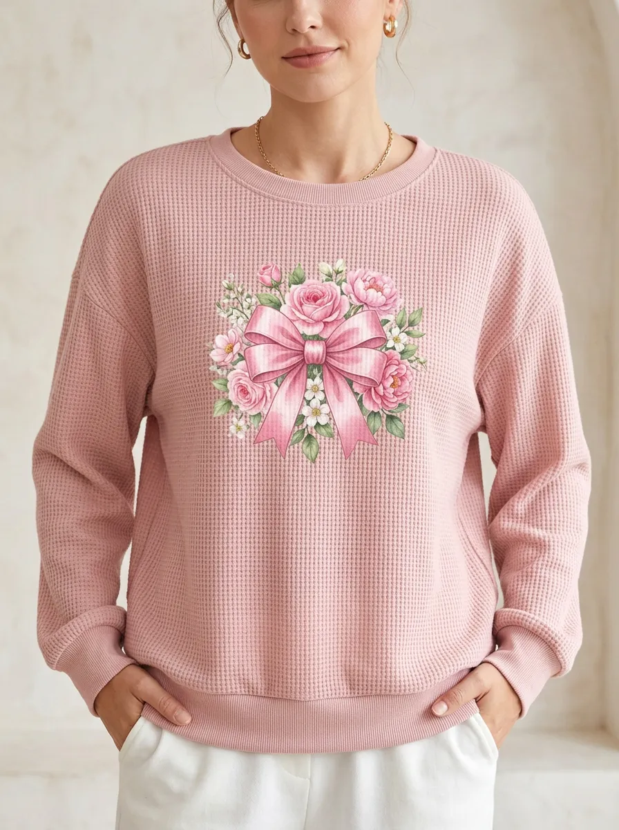 Graceful Awareness-Motif Women's Breast Cancer Awareness Waffle Sweatshirt