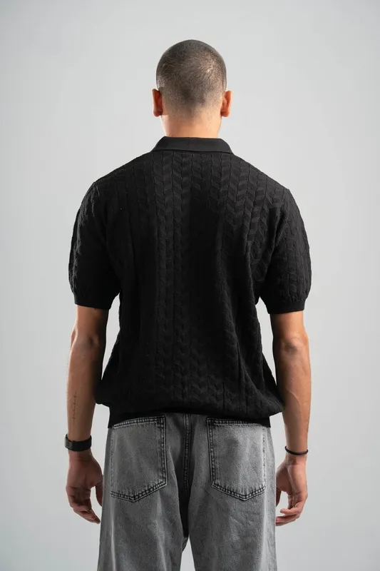 Black Textured Knit Polo Shirt