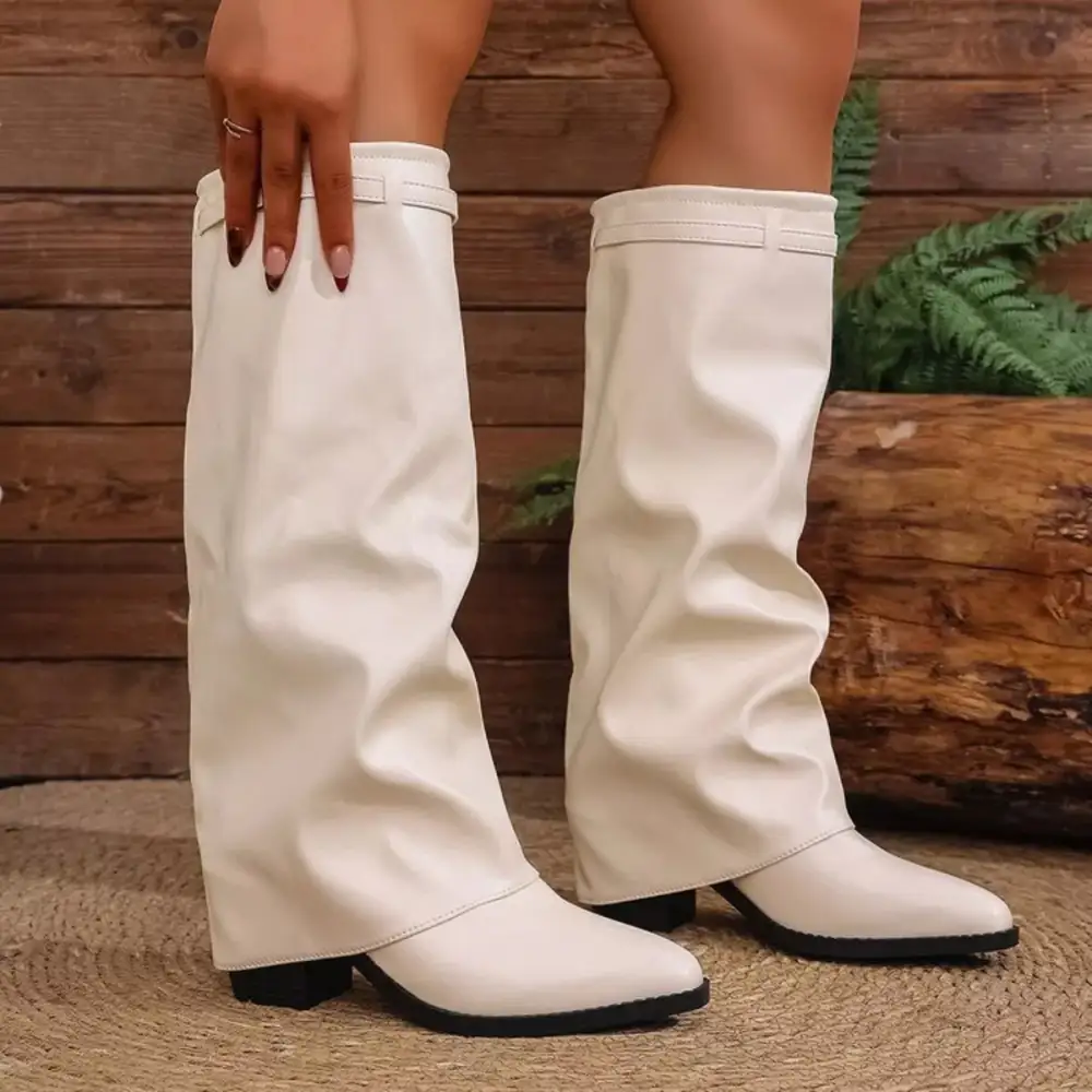Street Everyday Point Toe Block Heels Boots