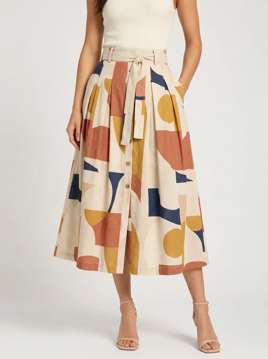 Women's Boho Style Geometric Pattern Printed Midi Skirt