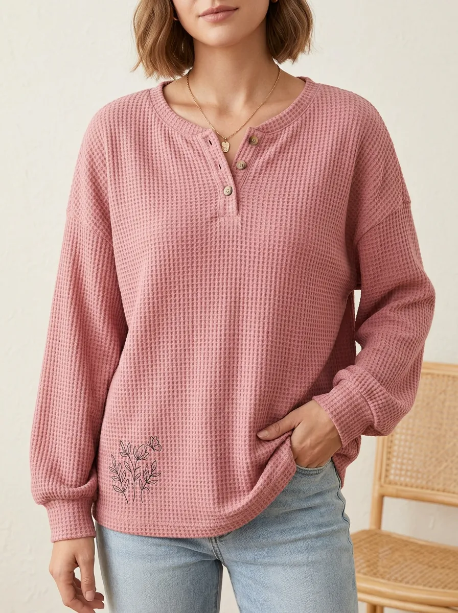 Women's Pink Floral Waffle Knit Printed Henley Sweatshirt