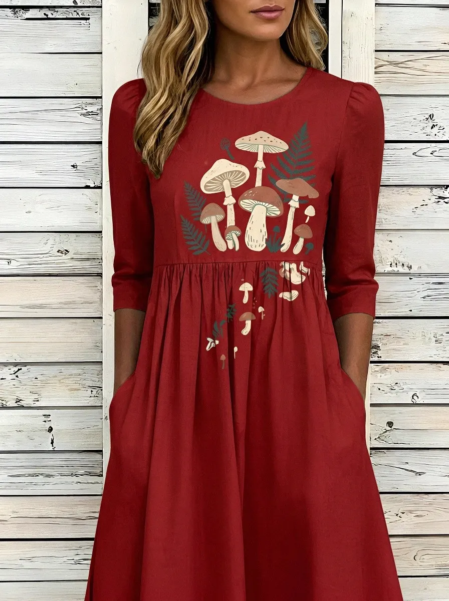 Women's Cottagecore Mushroom Fern Printed Dress