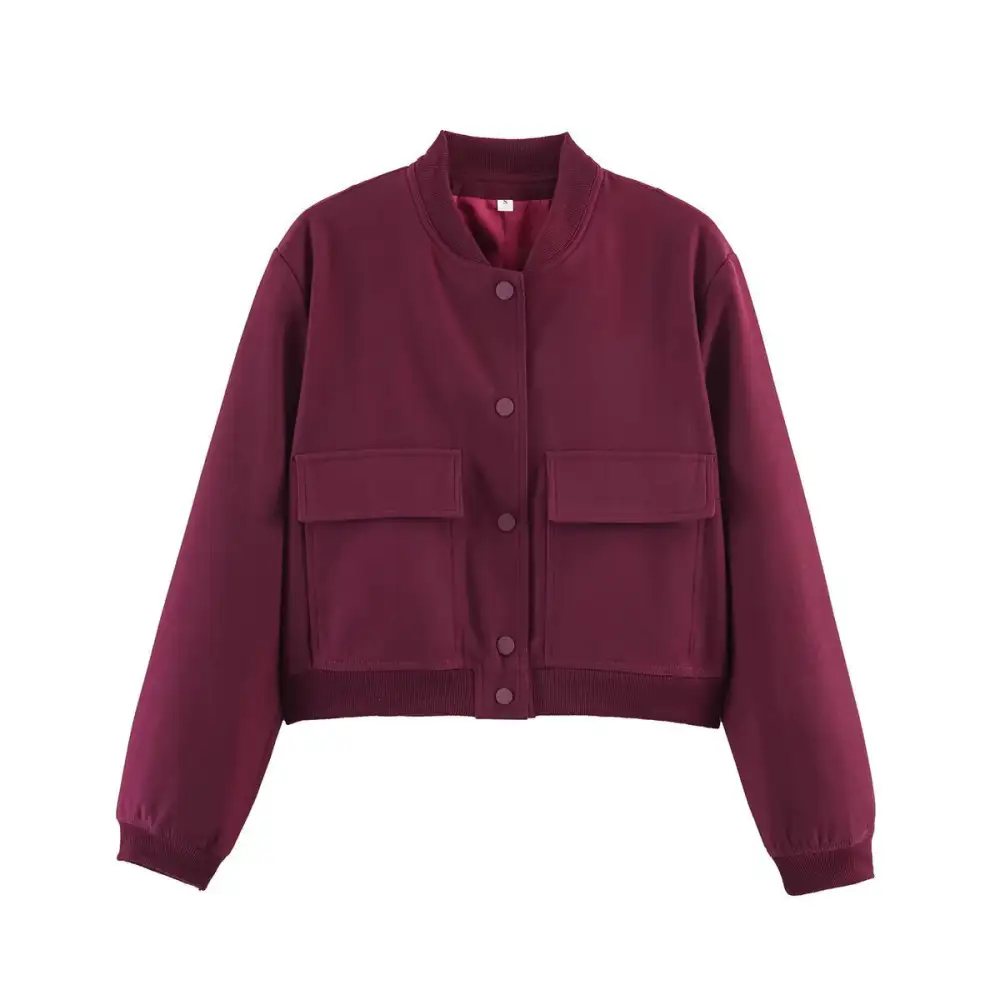 Cropped Snap Front Patch Pocket Ribbed Trim Bomber Jacket