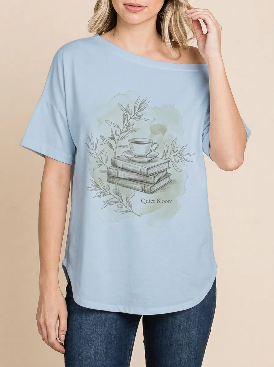 Women's Book Lover Coffee Olive Branch Printed T-shirt