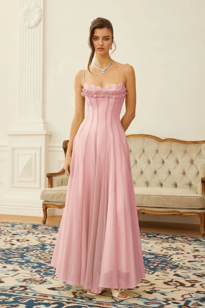 Matcha Ruffled Shirred Tulle Maxi Dress