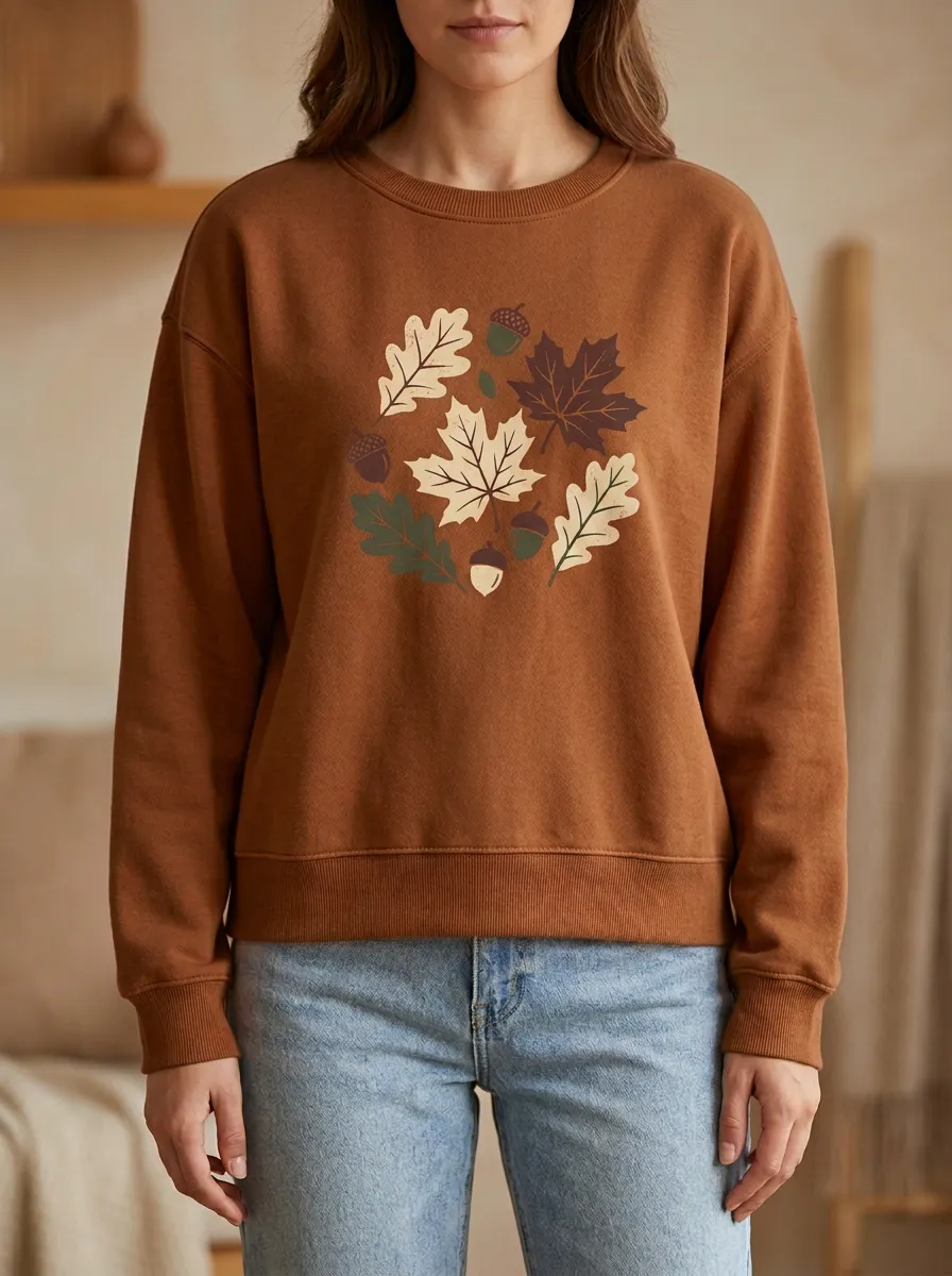 Layered Finish Maple-Leaf Printed Acorn Graphic Sweatshirt