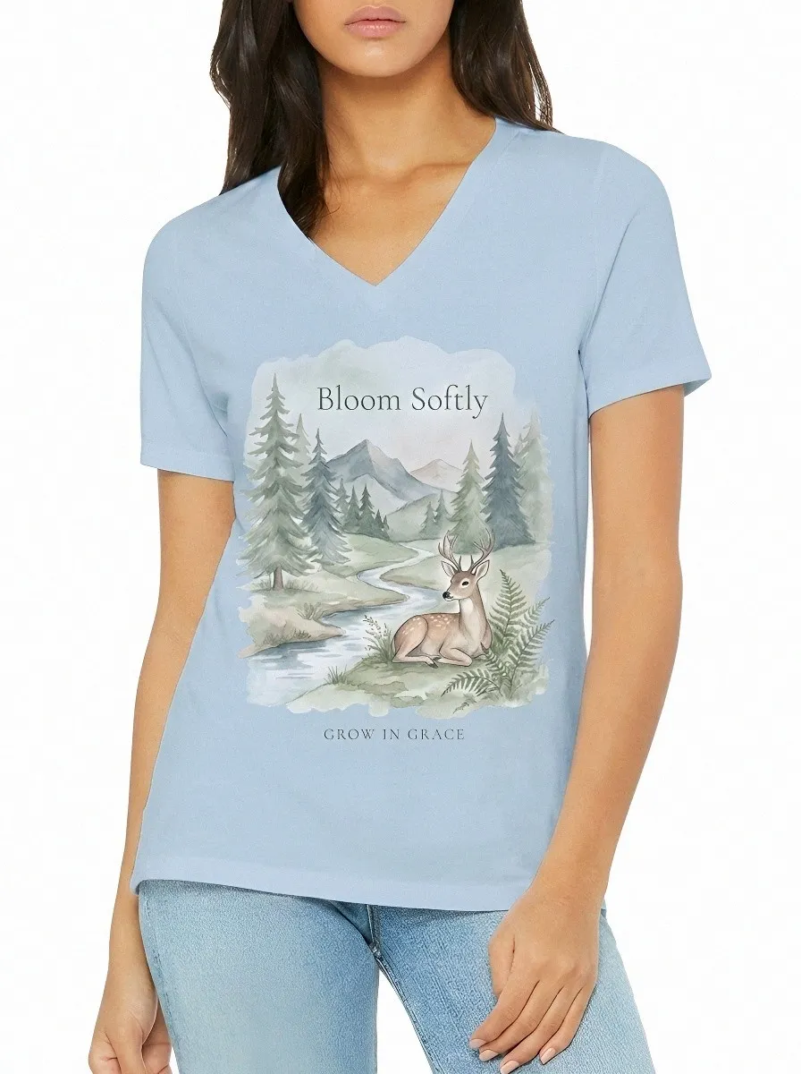 Women's Nature Lover Deer Forest Watercolor Printed V-neck T-shirt