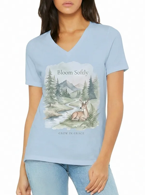 Women's Nature Lover Deer Forest Watercolor Printed V-neck T-shirt