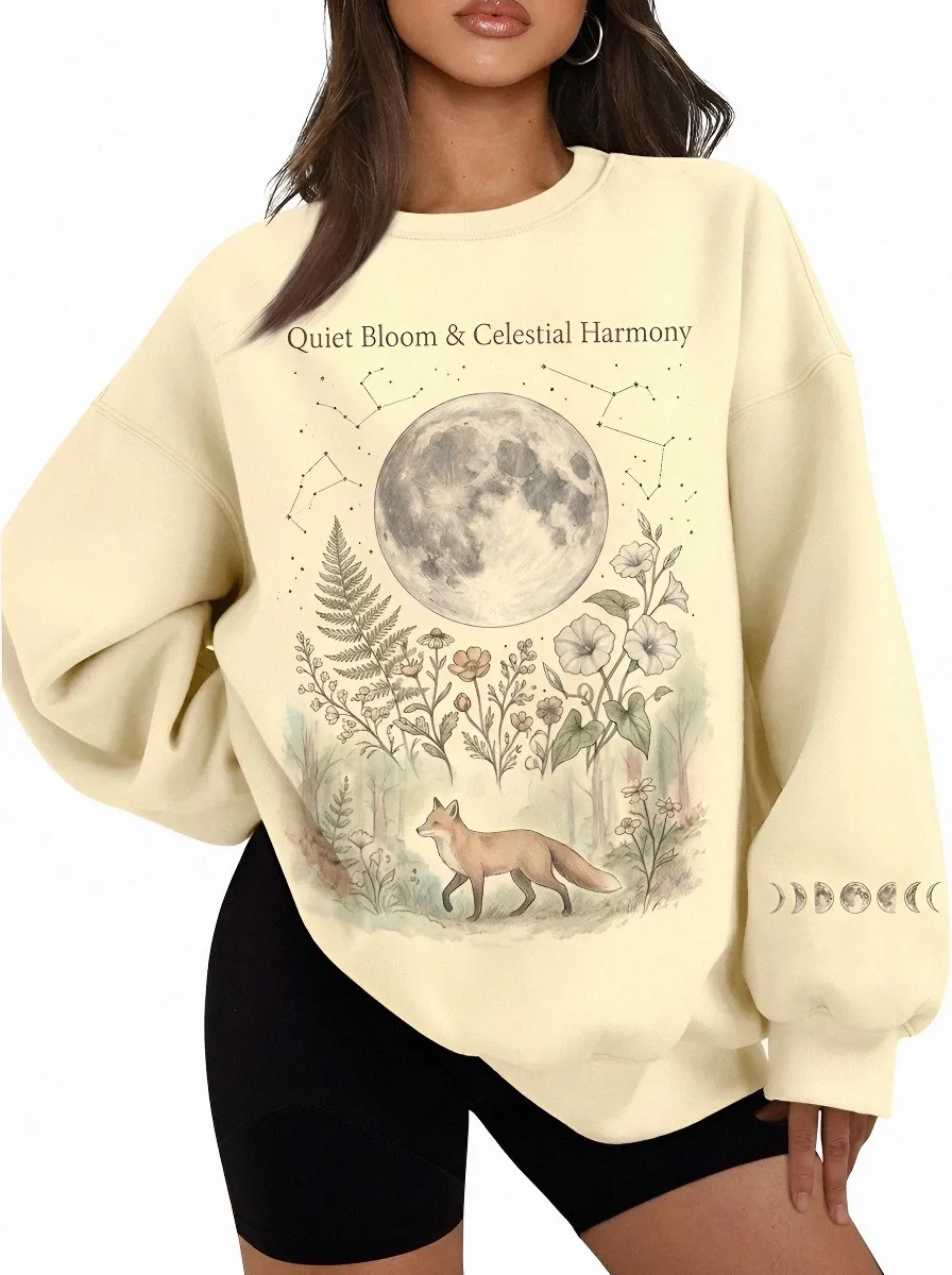 Women's Celestial Fox Moon Floral Printed Sweatshirt