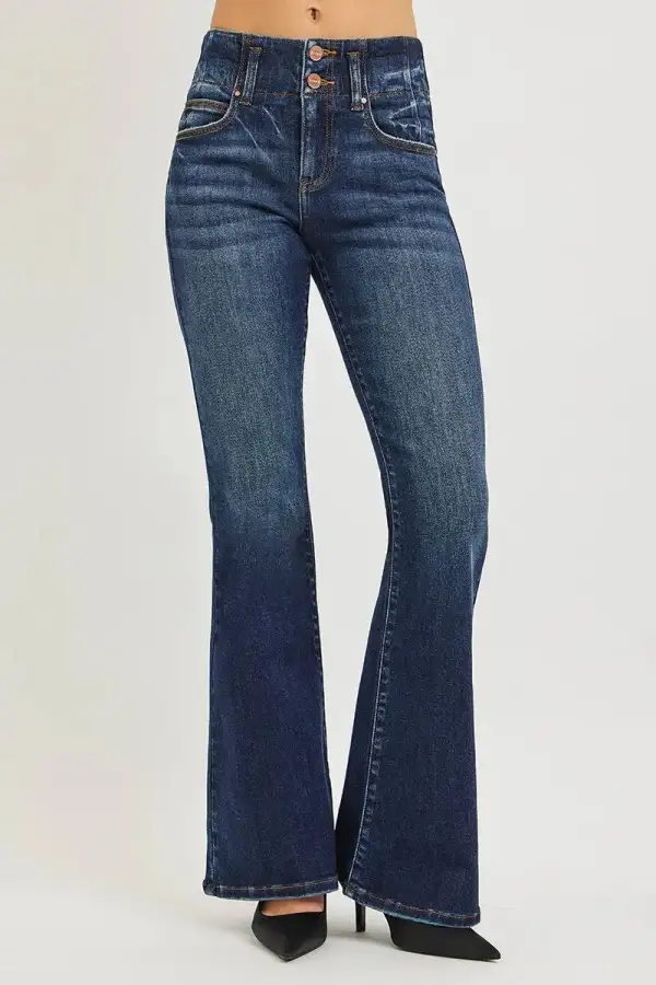 High Rise Flare Retro Style Pocketed Denim Jeans