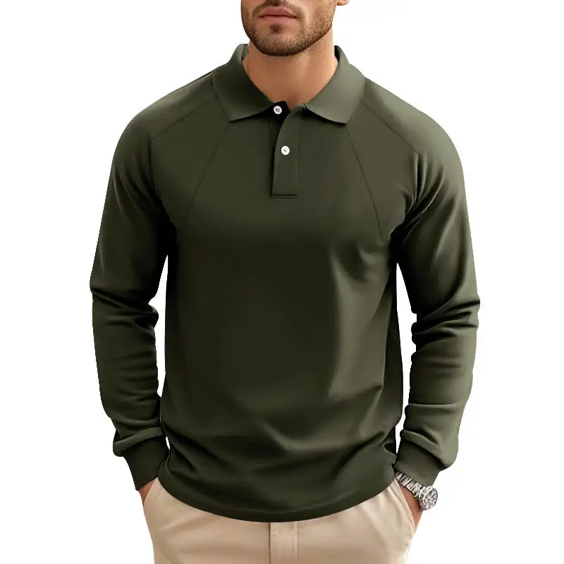 Ribbed Raglan Sleeve Long Sleeve Polo Shirt