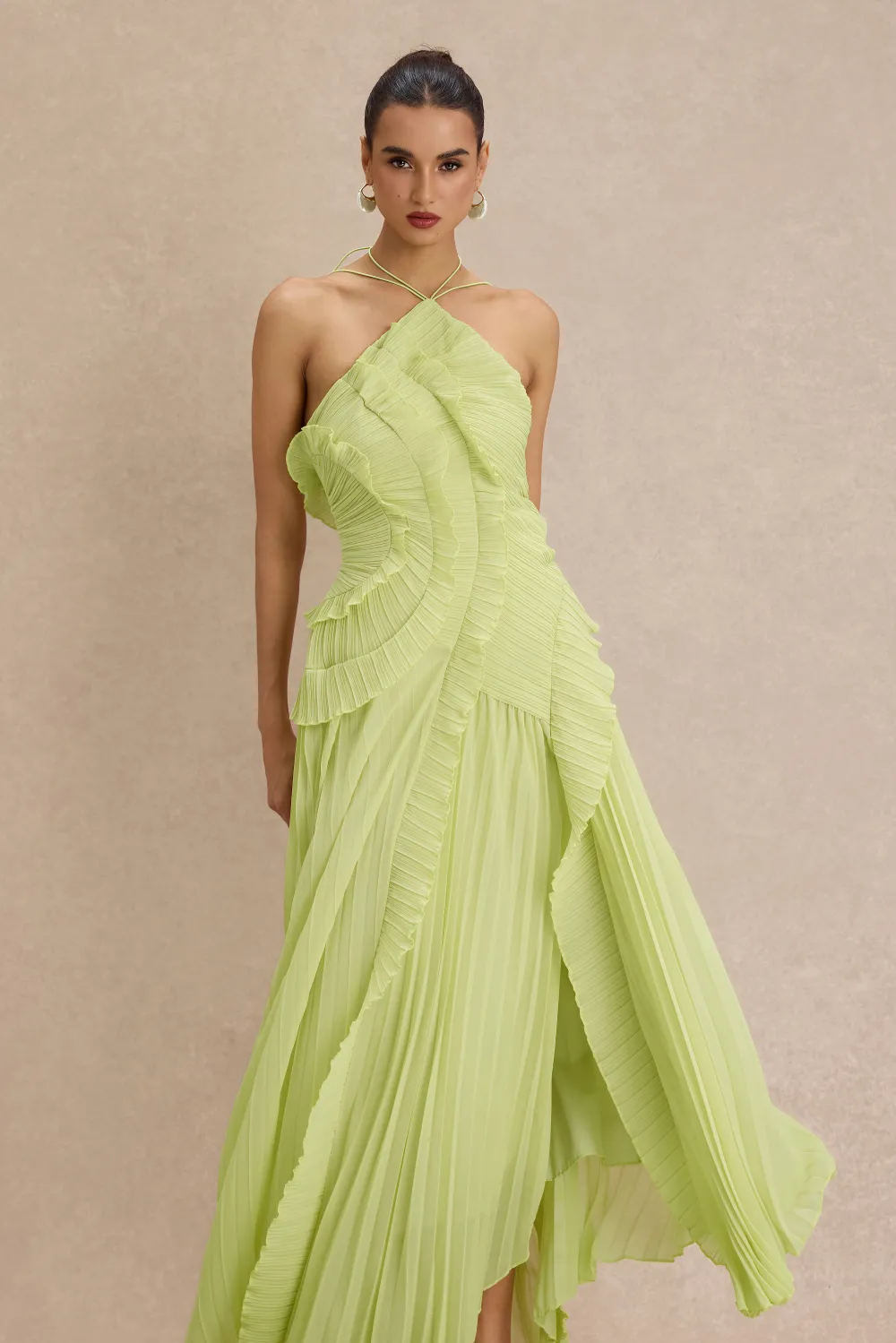 Pleated Frill Halter Neck Midi Dress