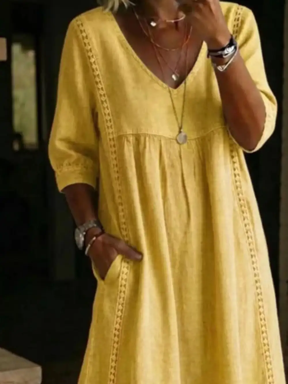 V-Neck Three-Quarter Sleeve Midi Dress