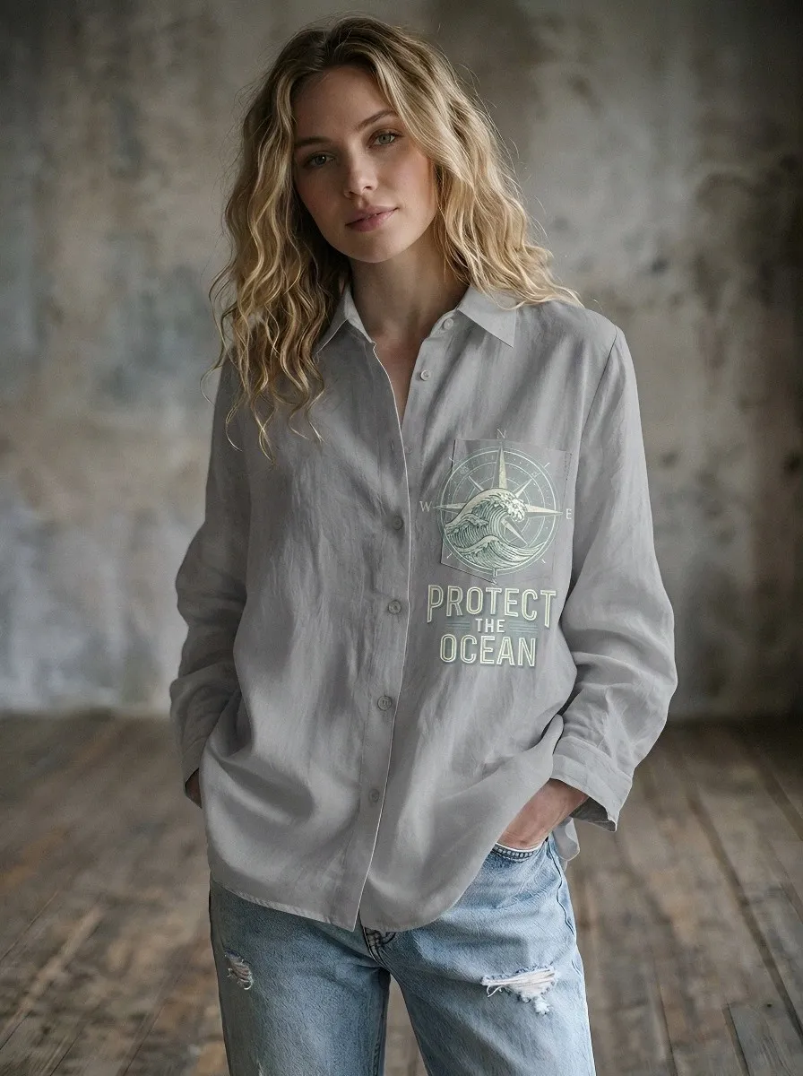 Women's Ocean Lover Compass Wave Protect The Ocean Printed Shirt