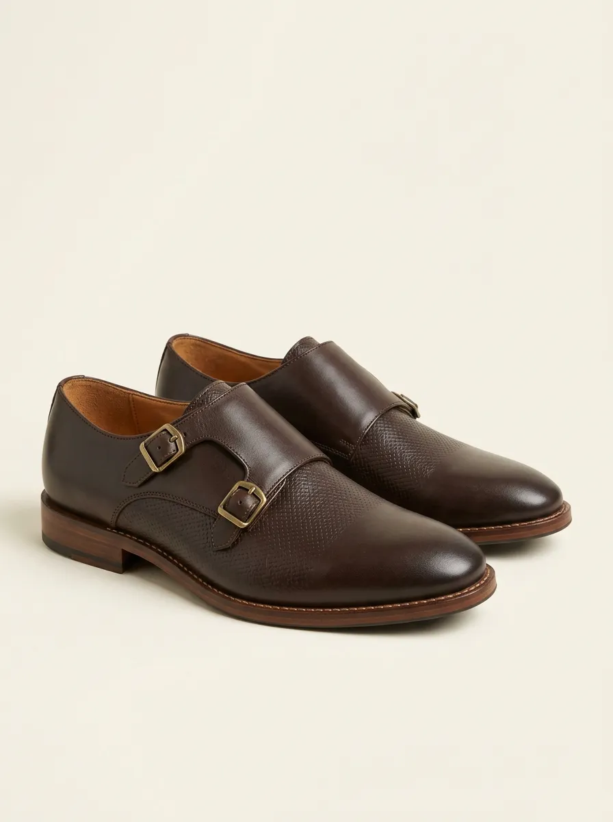 Men's Streamlined Business Formal Textured Double Monk Strap Leather Shoes