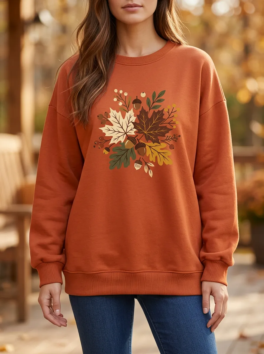 Warm Maple-Leaf Printed Acorn Graphic Sweatshirt