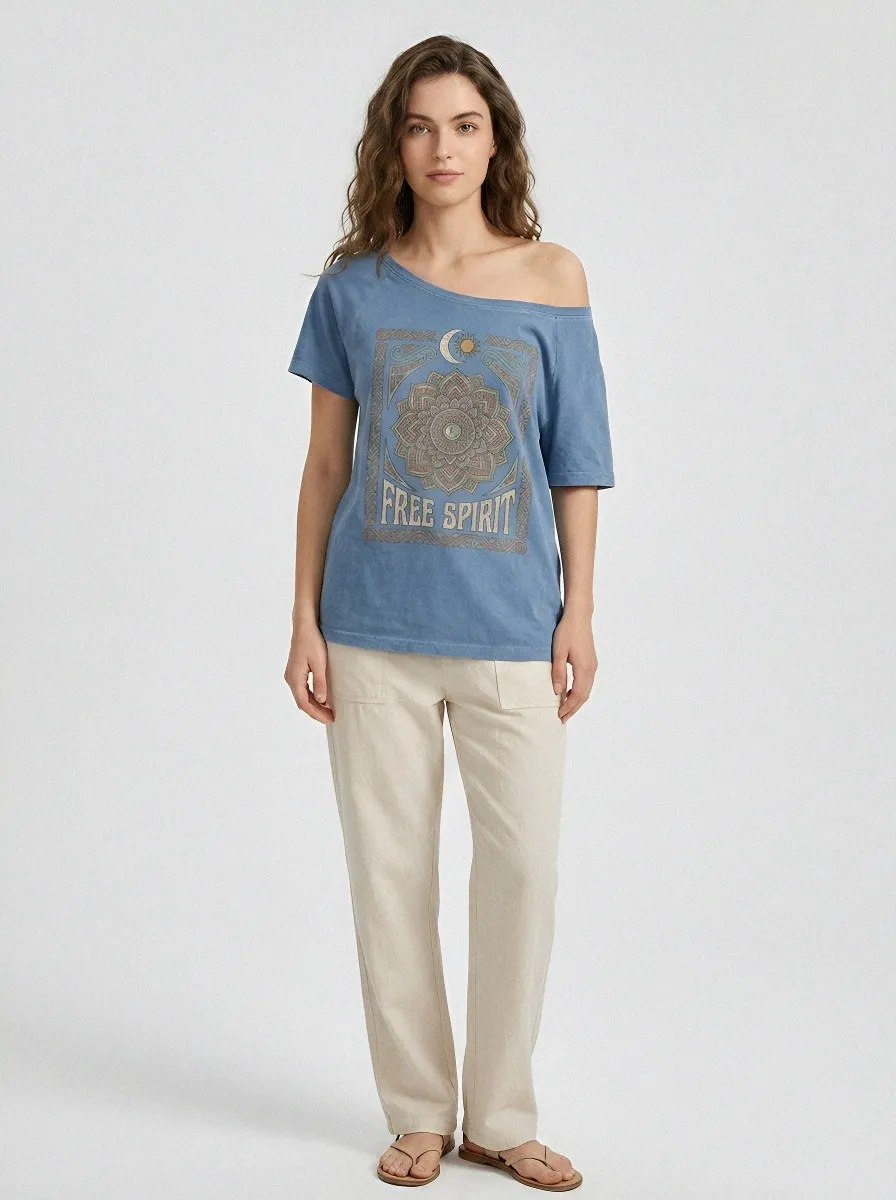 Women's Boho Free Spirit Mandala Moon Sun Printed T-shirt