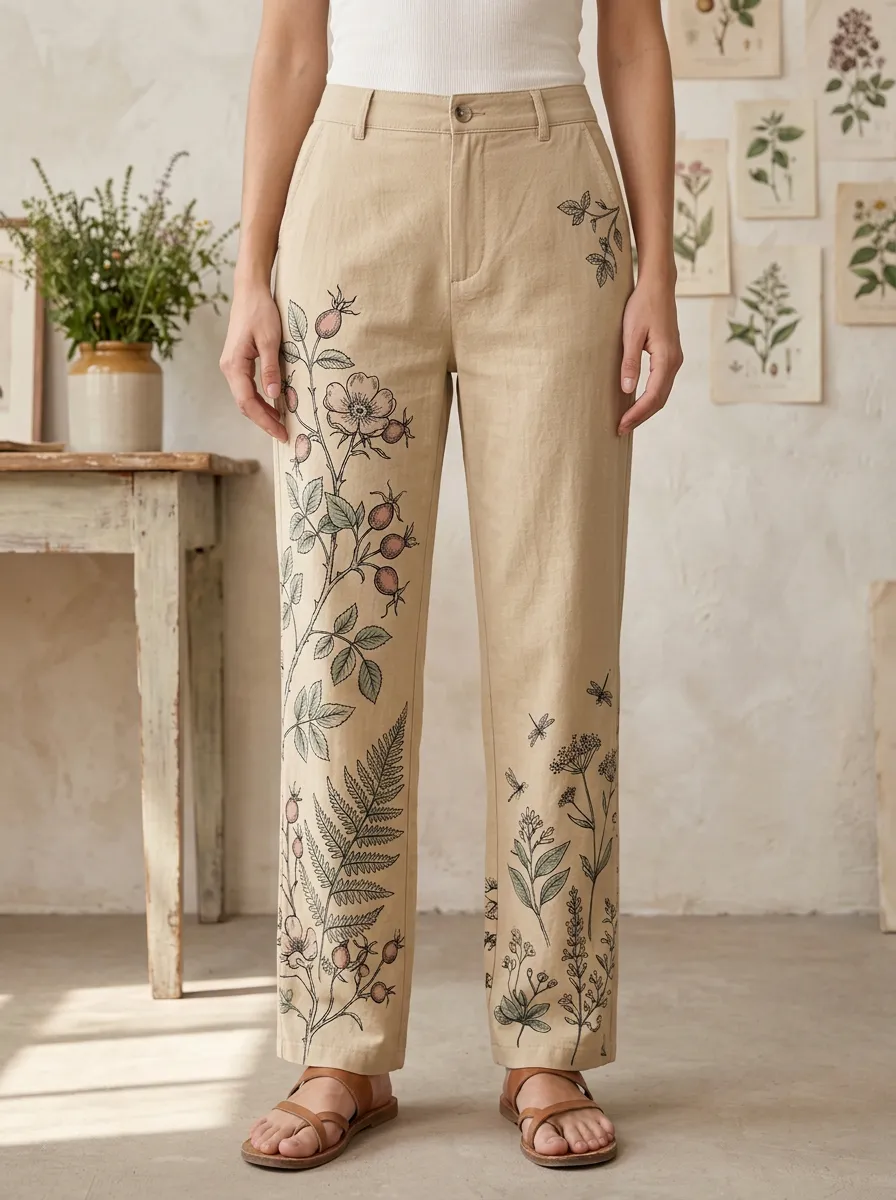 Women's Botanical Garden Lover Rosehip Fern Printed Pants