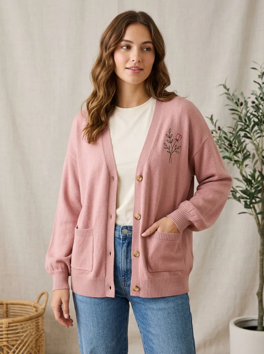 Pink Rose Floral Line Art Print Cardigan