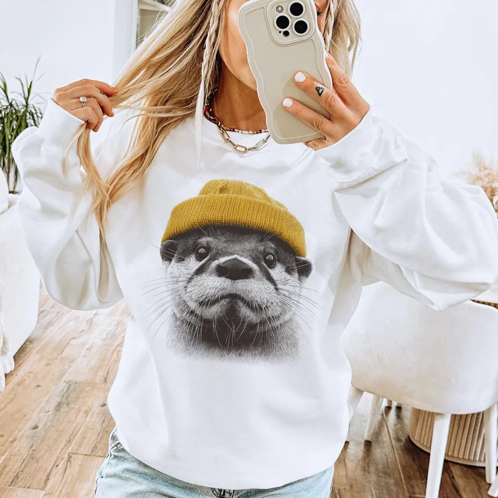 Retro River Otter Wearing Beanie Sweatshirt