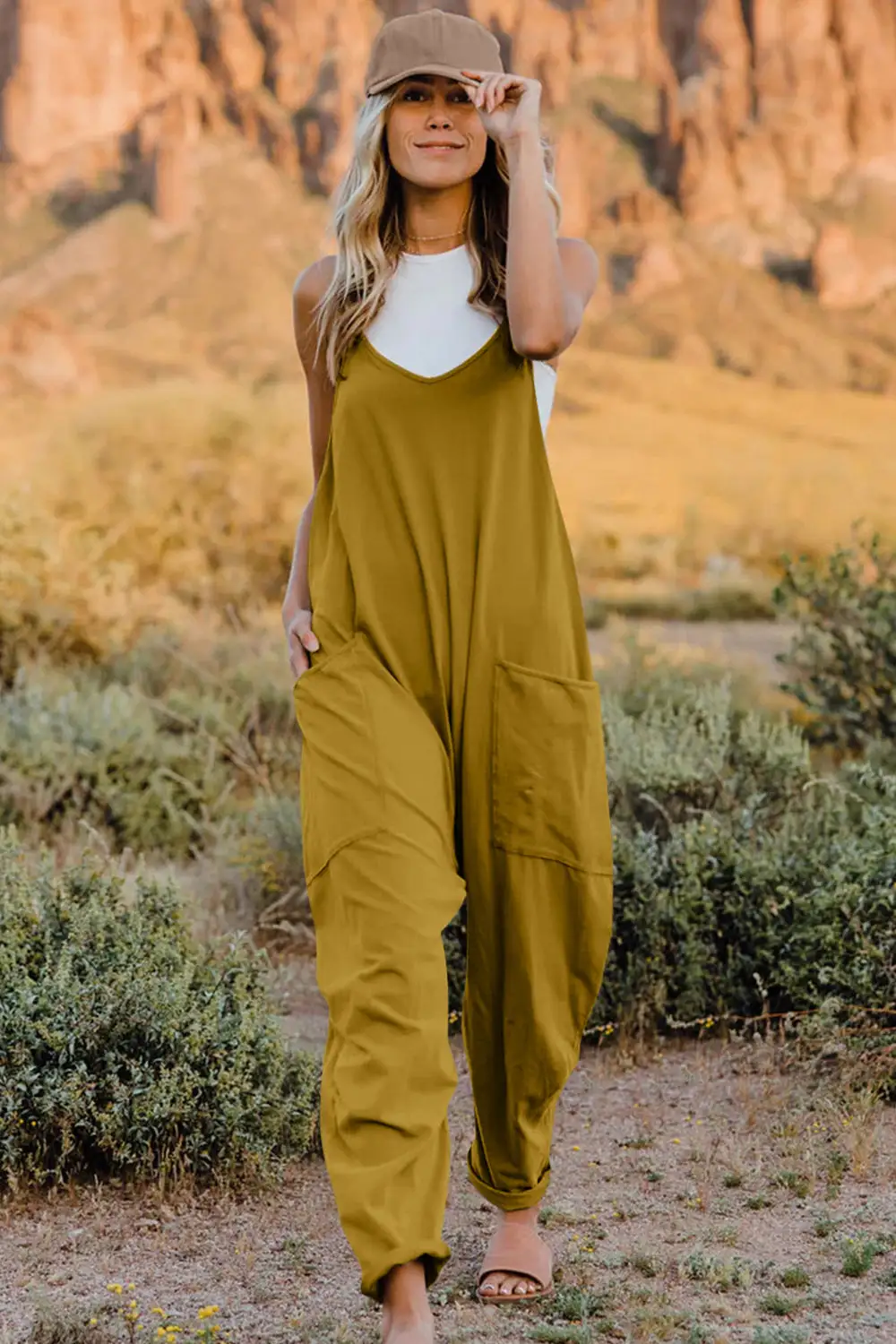 V Neck Sleeveless Pocket Jumpsuit