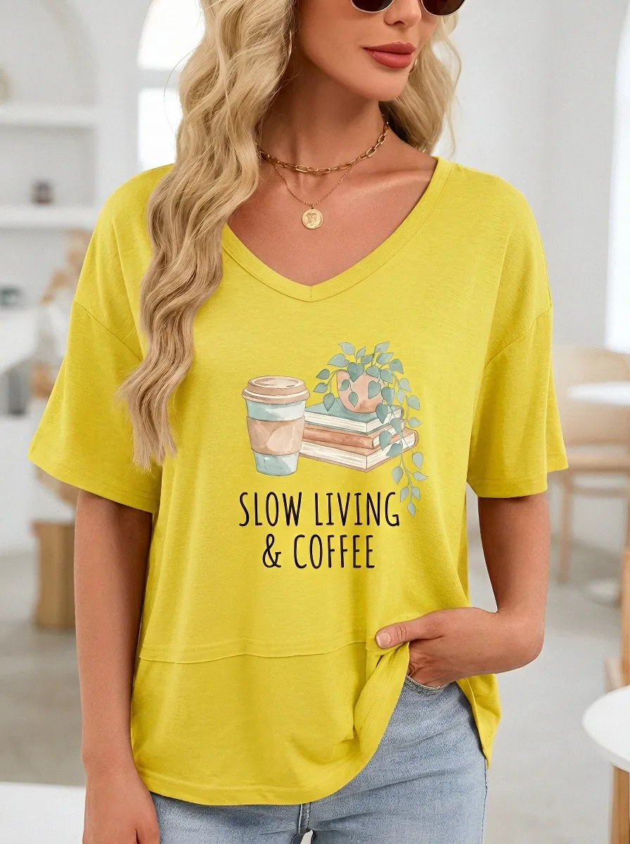Women's Slow Living Coffee Books Plant Printed V-Neck T-shirt