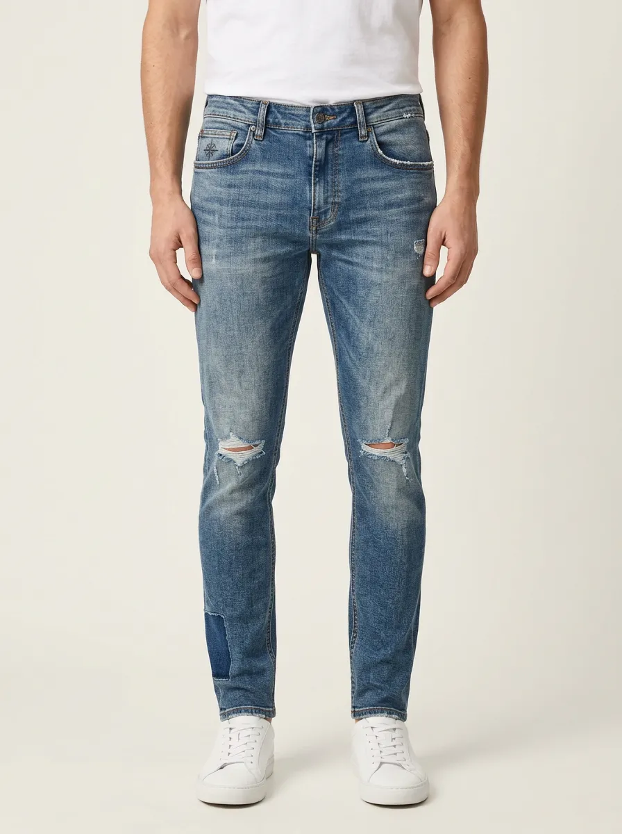 Men's Distressed Patchwork Ripped Slim-Fit Jeans