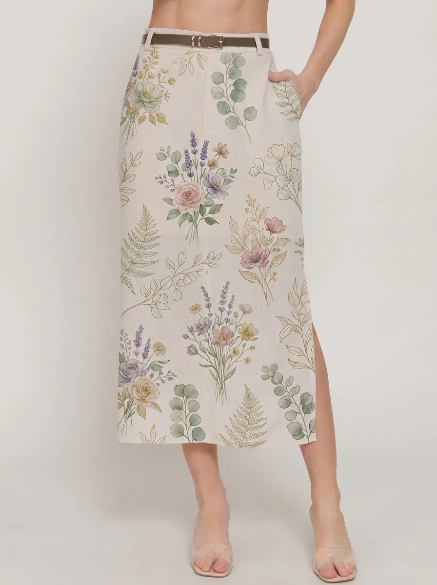 Women's Botanical Floral Lavender Printed Midi Skirt